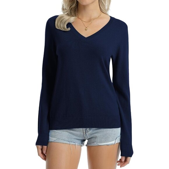 Women's Cotton Sweater Midweight Long Sleeve V-Neck Pullover - Picture 3 of 7